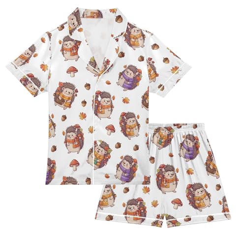 Satin Pajama Sets Short Sleeve Cute Hedgehogs with Autumn Leaves Button Down Silky Nightwear 2 Piece PJS 5-14Y