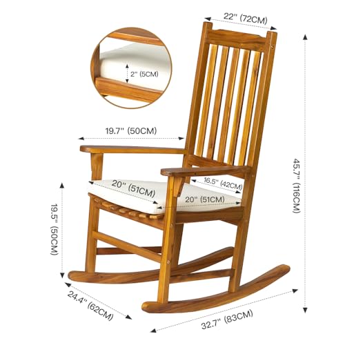 Panana Acacia Wood Rocking Chair Outdoor Porch Rocker with Cushion Wooden Armchair for Patio, Garden, Balcony, Backyard, Living Room