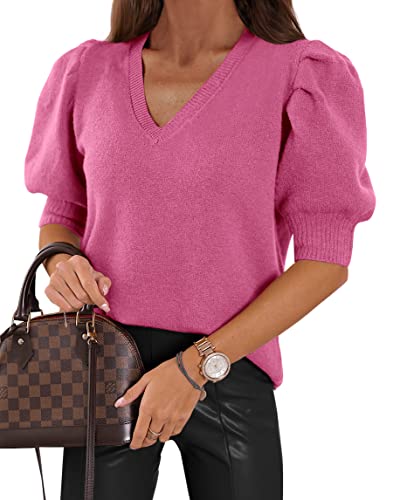 Image of Womens Puff Short Sleeve Sweater Tops V Neck Shirts Casual Pullover Blouse