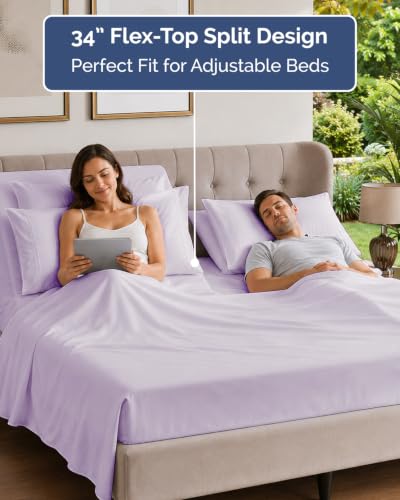 Image of Flex Top Split Head King 6 Piece Piece Sheet Set - Comfy Breathable & Cooling - Soft Hotel Luxury Bedding Set with 8-16 Inch Deep Pockets - 1 Flat & 1 Fitted Sheet & Pillowcases - Light Lavender