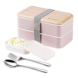 Original Bento Box Lunch Boxes Container Bundle Divider Japanese style with stainless steel Utensils spoon and fork (Pink)