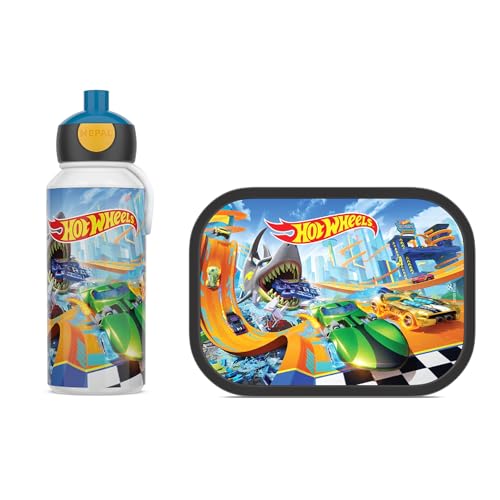 Mepal - Pausenset Campus Set für Kinder mit Pop-up Trinkflasche & Lunch Box - Lunch-Set für die Schule oder unterwegs - Spülmaschinenfest - 400 + 750 ml - Hot Wheels