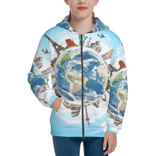 World Travel Kid Hoodies Boys Zip Up Sweatshirts Girls Pullover with Pocket3