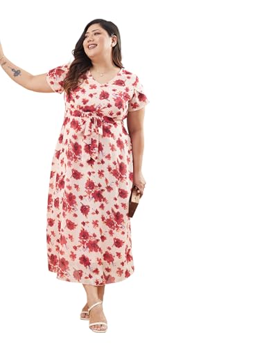 Image of Miss Chase A+ Women's V-Neck Short Sleeve Floral Pleated Midi Dress