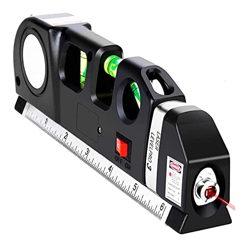 Image of Multifunction Laser Level Tool with Measuring Tape, Horizontal & Vertical Bubble Level, Ruler and Aligner, Plastic Spirit Level for DIY, Drilling, Hanging & Home Improvement, Black