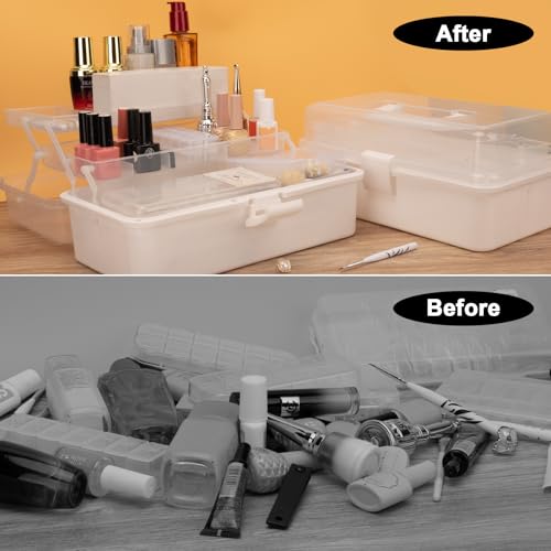 Image of VZZNN 2 Pack 3 Layer Plastic Storage Box Organizer with Handle, Portable Art Craft Supply Tool Box for Sewing, Medication, Hair Accessories, Nail, Office and Home Use - White