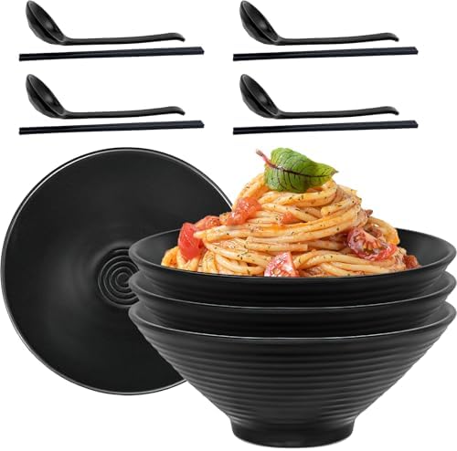 Ramen Bowls Set of 4, 40 oz Japanese Ramen Soup Bowl Set with Chopsticks & Spoons, Melamine Unbreakable Japanese Noodles Bowl for Salad Cereal Rice Pho, Dishwasher Safe(Black)