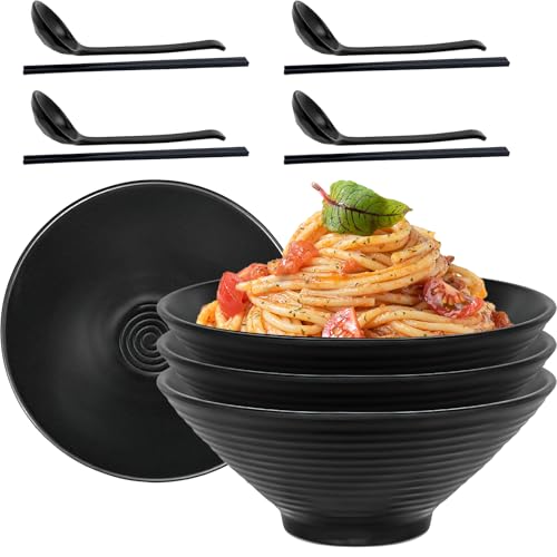 Kaxtde Juego de 4 cuencos para ramen, 40 onzas, juego de cuencos japoneses para sopa ramen con palillos y cucharas, cuenco de melamina japonesa irrompible para ensalada, cereales, ramen, arroz, fideos