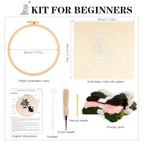 Image of KESTAR Punch Needle Embroidery Starter Kits, Black Cat Flower Punch Needle Kits for Adults Beginner, Needle Punch Kit Tool with Instruction Threader Fabric Yarns and Hoop