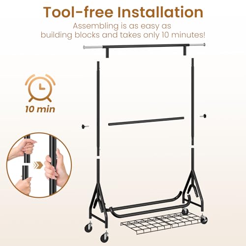 Image of Double Rods Clothing Rack, Heavy Duty Clothes Rack for Hanging Clothes Load 560LBS, Metal Rolling Garment Racks with Wheels, Freestanding Clothes Hanging Racks, Black