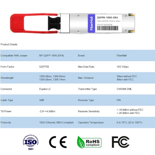 Image of QSFP28 100G ER4 Lite Transceiver Module,Compatible with Juniper Networks NP-QSFP-100G-ER4L 100GBASE-ER4 QSFP28 1310nm LAN WDM 40km with FEC,30km Without FEC LC SMF DDM