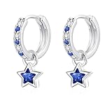 Zecimi Girls Earrings Silver, Star Huggie Earrings with Sapphire Zirconia, 12mm Small Silver Hoop Earrings for Women, Slepper Hypoallergenic Earrings, Jewellery for Girls Kids Birthday, Gift with Box