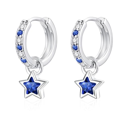 Zecimi Girls Earrings Silver, Star Huggie Earrings with Sapphire Zirconia, 12mm Small Silver Hoop Earrings for Women, Slepper Hypoallergenic Earrings, Jewellery for Girls Kids Birthday, Gift with Box