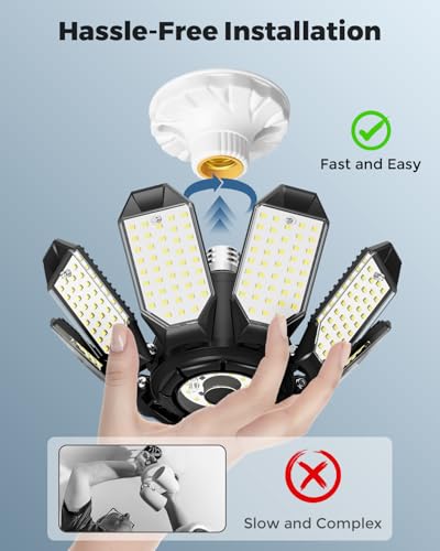 Image of Adiding LED Garage Ceiling Lights 2 Pack w / 8+1 Adjustable Panel, Super Bright 28000LM Deformable Basement Light Bulb Fixture Screw in E26 Socket Base for Indoor Workshop Attic Gym Bay Laundry Utility