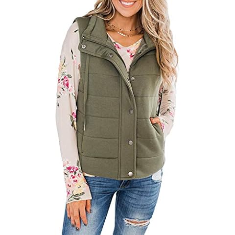 Dokotoo Casual Quilted Gilet for Women UK Lightweight Button Down Vest Sleeveless Jacket Stand Collar Body Warmer with Pockets Green Size 14 16 Cover