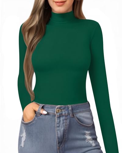 MANGOPOP Womens Mock Turtle Neck Slim Fit Long Sleeve T Shirt Tight Tops Tee Deep Green