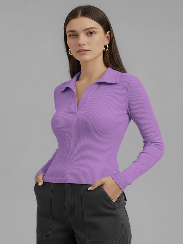 Image of Dream Beauty Fashion Women's Collared Neck Long Sleeve Slim Fit Casual Tee Top for Woman