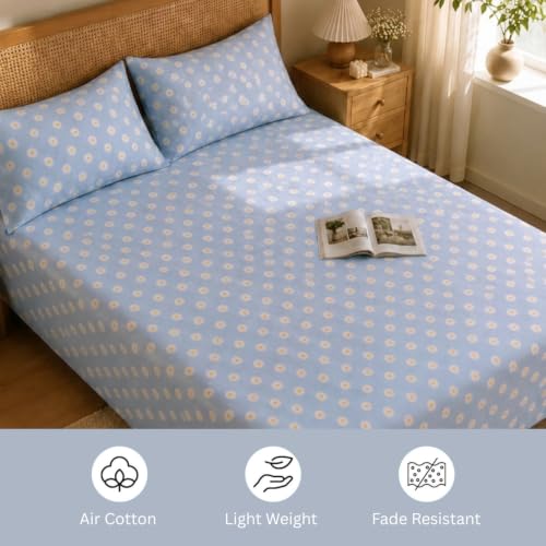 Image of Marrow Lane 300 TC Soft Air Cotton Double Bedsheet | Daisy Meadow | Flatsheet with 2 Pillow Covers | Ditsy Daisy Floral Print (228.6 x 254 cm, Blue & White)