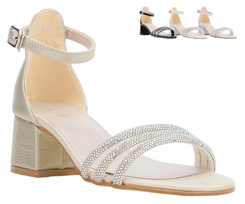 Girls' Textured Block-Heel Sandals with Rhinestone Straps – Elegant Kids Dress Shoes