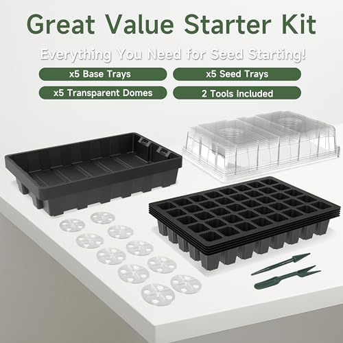 Gardzen 5-Set Garden Propagator Set, Seed Tray Kits with 200-Cell, Seed Starter Tray with Dome and Base 15" x 9" (40-Cell Per Tray)