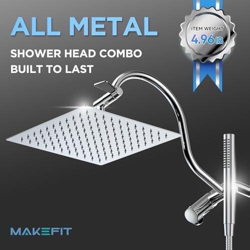 All Metal Dual Shower Heads Combo with Curved Extension Arm, 10\" Rain Shower Head with Handheld Spray, Square Adjustable Rainfall Showerhead System, 71\" Extra Long Shower Hose, Chrome - Thumbnail 2