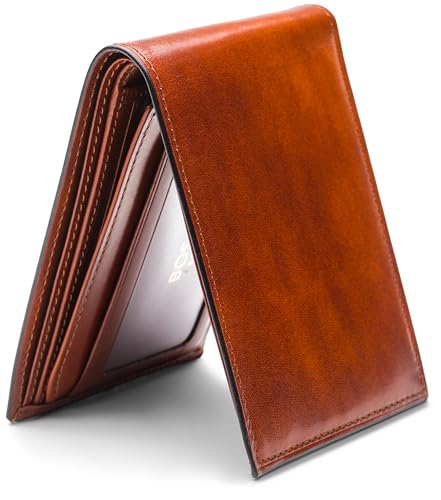 Bosca Men's Leather Wallet - Old Italia Bifold Wallet For Men Made From Full Grain Italian Leather, 11 Card Slots, ID Window, Divided Currency Well, Gift-Ready Packaging - Amber Brown3