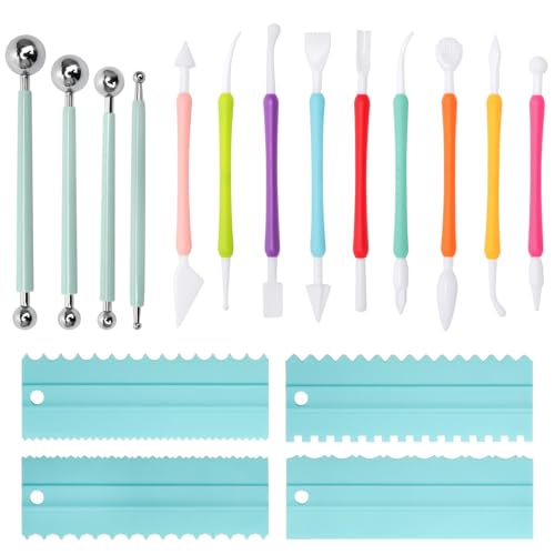 Set di 17 strumenti per la decorazione di torte fondente, bastoncini a doppia estremità, penna per scolpire palline, raschietti per la texture della torta, kit fai da te per pasta di zucchero, glassa