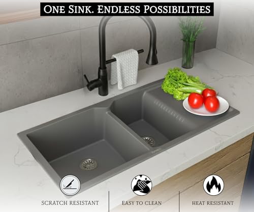 Image of EVANEX Quartz Sink for Kitchen|45x20x9 inch Double Bowl Kitchen Sink with Drain Board|Matt Finish|Grey Quartz Kitchen Sink with Sink Connector, Waste Pipe, Coupling and Drain Basket