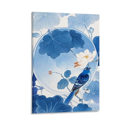 Toile murale cadre photo style chinois fleur oiseau déco salon esthétique 50x75 cm