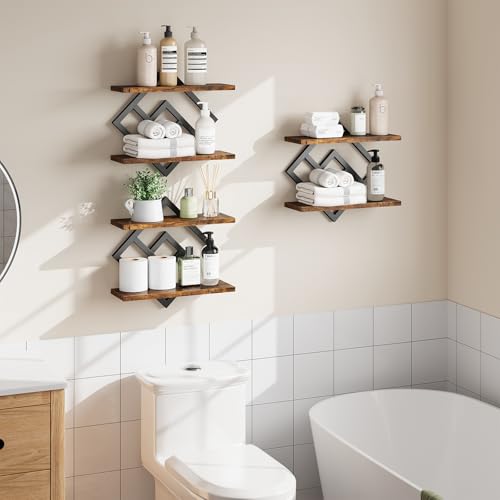 Image of ELYKEN Floating Shelves for Wall, Set of 3 Hanging Shelves, 2-Tier Wall Mounted Storage Shelves for Books & Decor, Perfect for Living Room, Bedroom, Kitchen, Home Office, Study, Rustic Brown
