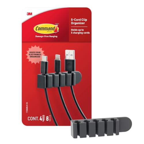 Image of Command 5-Cord Clip Organizer, Black, 4 Clips, 8 Medium Strips