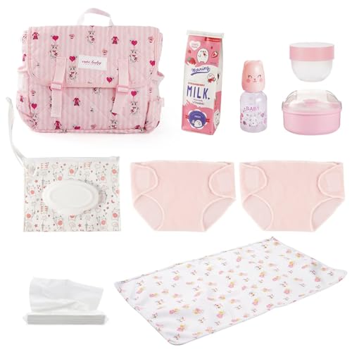 BABESIDE 9 Pcs Reborn Baby Doll Accessories for 17-22 Inch Reborn Dolls Diaper Bag Set with 2 Diapers Changing Pad Bottle Tissue and Care Set Great for Childrens Pretend Play Doll Not Included