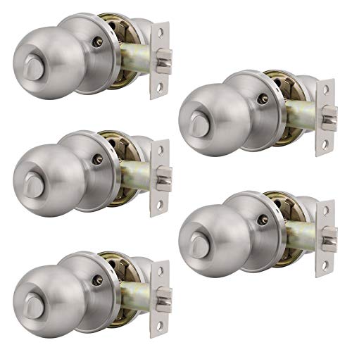 Gobrico Satin Nickel Interior Door Knobs Privacy Door Locksets for Bed and Bathroom,Round Ball Style,Thumb-Turn Locking Inside 5Pack