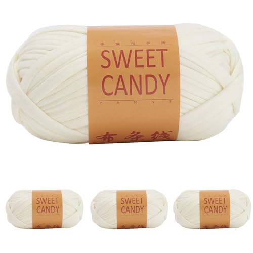 Yixinly 400g Trapillo para Crochet, Trapillo Pluma Trapillo Hilo de Crochet para Bolsos, DIY y Tejido, Bolso de Mano Cestas, Mantas y Decoración del Hogar 4x100g (Blanco Lechoso)
