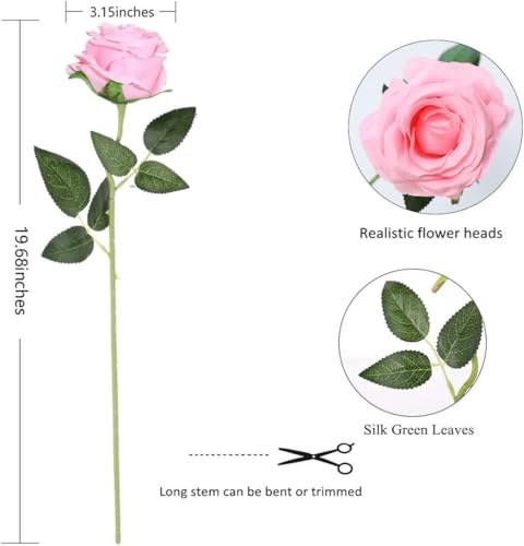 Image of Dekorly Artificial Fake Roses Flowers - 10 Pcs Fake Artificial Roses Silk Flowers with Stems for Home Room Tabletop Wedding Hotel Office Centerpiece Decor | Height 18 Inch (Pink)