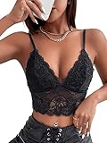 SheIn Damen Spitzen Cami Top Spaghettiträger Croptops Sommer Spitzentop Bralettes Untertops Schwarz L