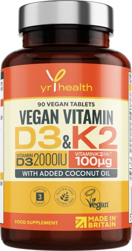 Vegan Vitamin D3 K2 Tablets High Strength & Coconut Oil for Absorbtion - Vitamin D 2000iu & Vitamin K2 Mk7 100mcg Plant Based Supplement for Immune System, Bones, Blood Calcium Levels, Made in The UK