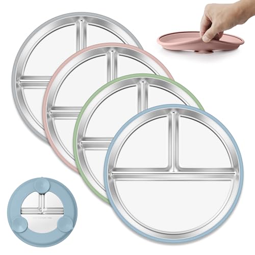 E-far Stainless Steel Toddler Plates with Suction - 9 Kids Plates 4-Pack Divided Unbreakable & Non-Slip Baby Dishes with Removable Silicone Sleeves Dishwasher Safe