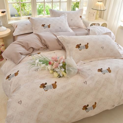 Image of Dachshund Duvet Cover Full Size Brown Dog Puppy White Pink Heart Reversible Comforter Cover Set 3 Pcs Kids Cute Soft Lightweight Microfiber Bedding Set with Zipper Closure and 2 Pillowcases