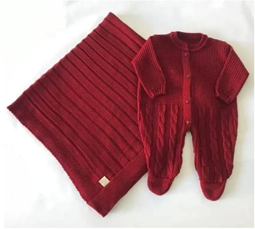 Kit Saída Maternidade De Trico Manta E Macacão P/Bebê Lã (Vermelho)