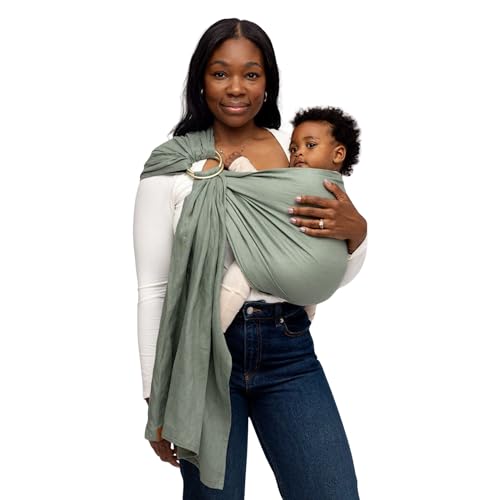 WildBird Ring Sling Baby Carrier for New Moms & Dads & Caregivers - Made from 100% European Linen - for Newborns to Toddlers Up to 35 lbs - Long 90" Size (Acadian Fabric/Rose Gold Ring)