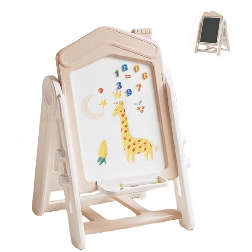 Klivex お絵描きボード 子供 知育 折りたたみ式 ホワイトボード&黒板 高さ調節可能 本棚付き 学習用おもちゃ 3歳以上 室内遊び用 アートボード 積み木おもちゃ (白い画板 + 黒い画板)