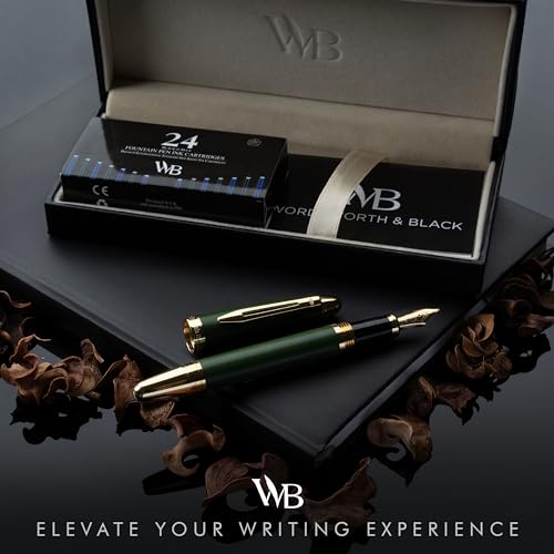 Image of Wordsworth & Black Majesti Luxury Fountain Pen Set for Writing, Medium Nib | Green, Gift for Men Women, Gold Finish, 18K German Iridium, Calligraphy, Converter + 24 Ink Cartridges, Refillable