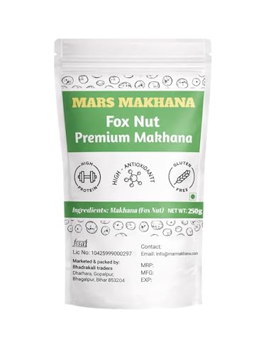 Image of Mars Makhana Fox Nuts, Natural Flavour, Gluten Free, High Protein with Dietary Fibre, Vegan, Raw Lotus Seeds for Roasting, Cooking, Kheer and Curry Recipes, 250g