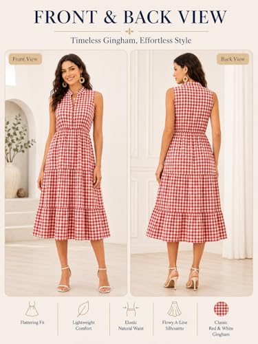 Image of BROVAVE Womens 2026 Summer Sleeveless Shirt Dress Collar Striped V Neck Casual Midi Dresses