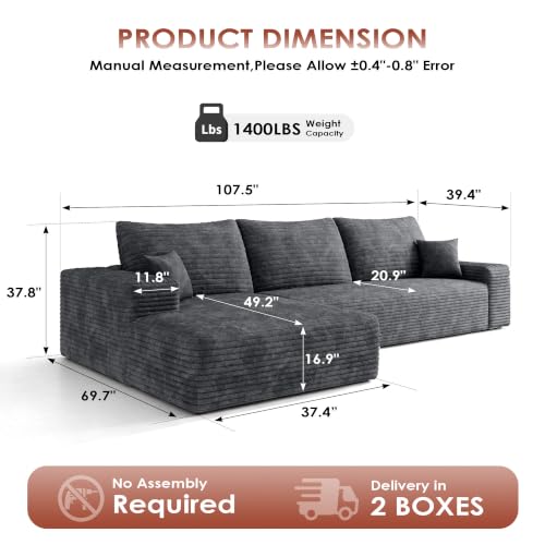 Image of Boneless Couch, Modular Sectional Couches for Living Room, U-Shaped Cloud Couch Sofa with Deep Seat, Fluffy Corduroy Upholstered Corner Sofa