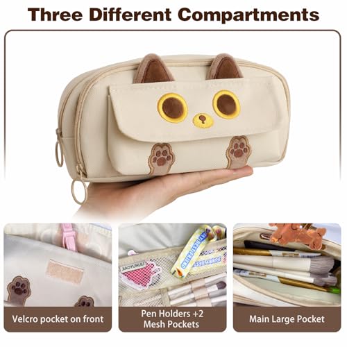 JIAOYUNLILI Big Capacity Pencil Case,Zipper Pencil Pouch,3D Cat Pencil Bag for Girls Boys Back To School Supplies,Stationery Bag Office Pen Organizer for Teens Adults (Beige) — view 3