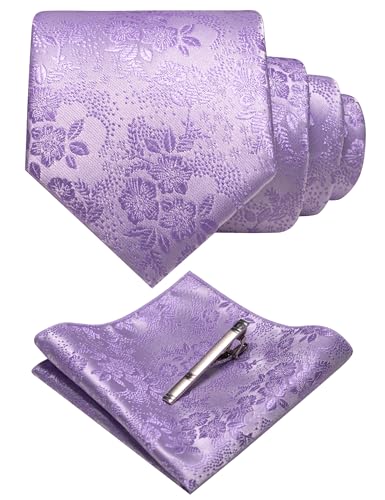 JEMYGINS Silk Lavender Floral Tie Necktie and Pocket Square Hankerchief and Tie Bar Clip Sets for Men(35)