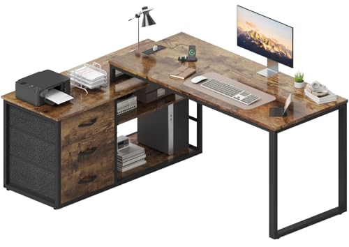 TRIUMPHKEY L Shaped Desk140x105cm With 3 Drawers, Reversible Computer Desk with Extra Storage Space, Adjustable Height Partitioned Storage Space, Corner Office Desk with charging outlets, Brown
