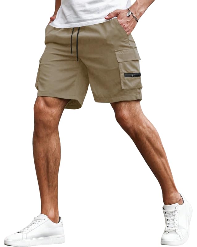 Image of SMOWKLY Men's Cotton Casual Relaxed Regular Fit Camo Cargo Shorts || Drawstring & Elastic Waist Multi Pocket Summer Beach Hiking Outdoor Work Half Pant